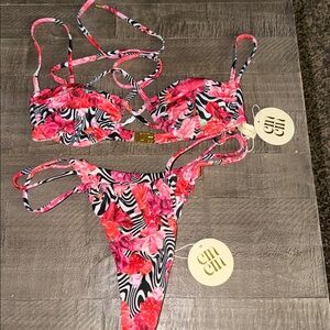 Cin cin Pink and Black Floral Bikini Set NWT